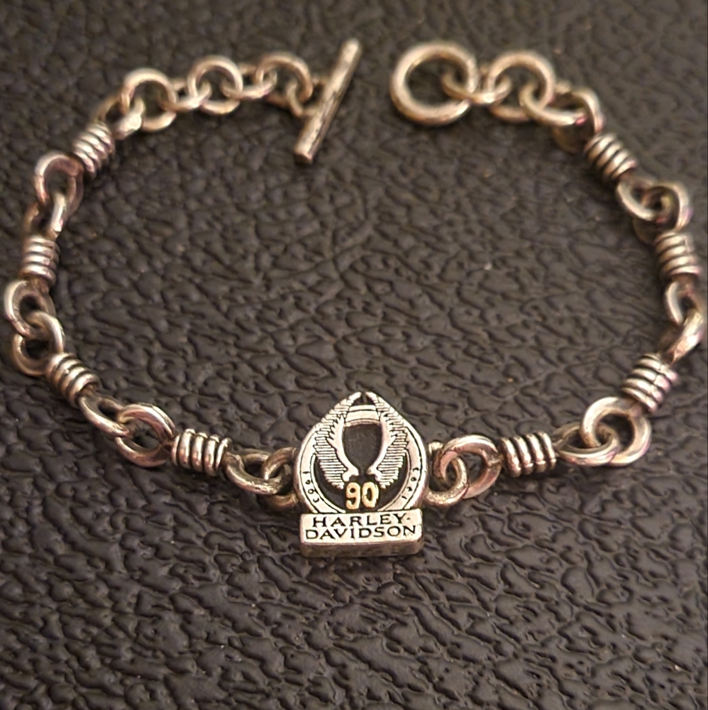 Vtg 90s 18k & sterling silver Harley Davidson 90 years  graphic dainty bracelet